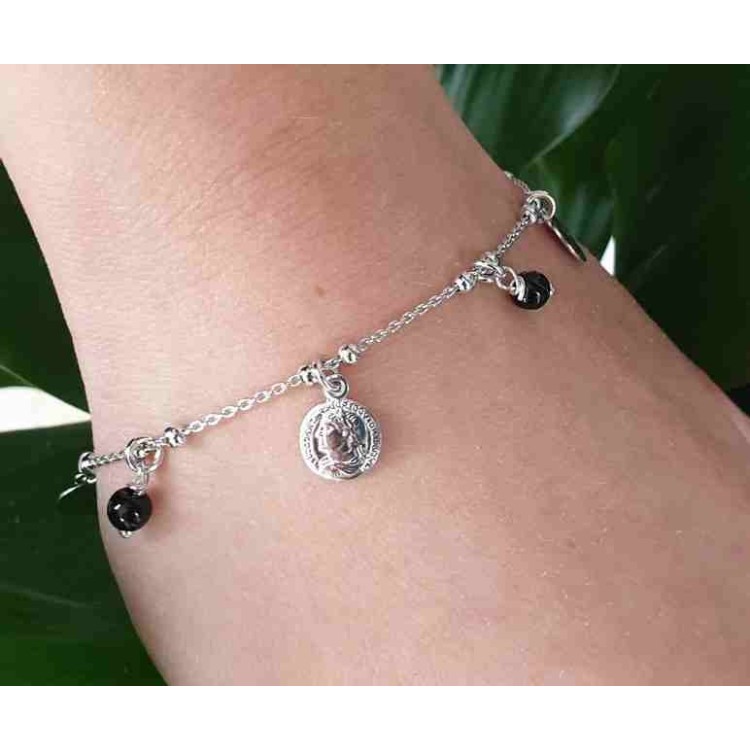 NLB|bracciale  argento 925 perle nere e monete ciondoli NALBORI
