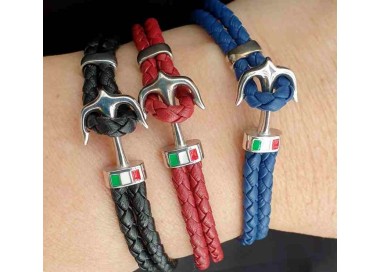 NLB|Bracciale uomo argento 925 ancora e vera pelle blu rosso nero