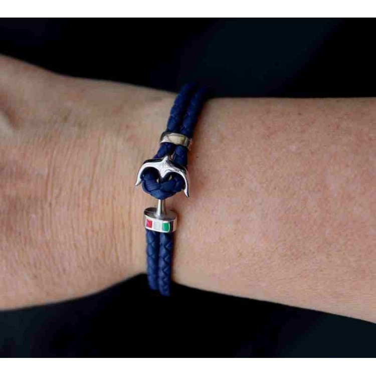 NLB|Bracciale uomo argento 925 ancora e vera pelle blu rosso nero