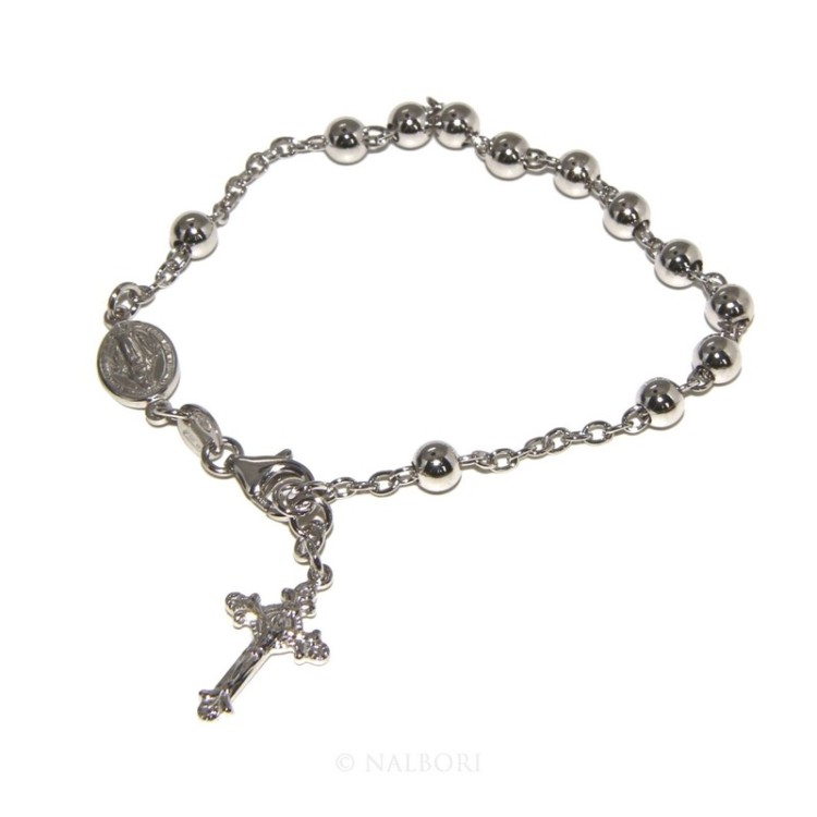 NLB|Rosary bracelet male female 925 sterling silver cross worked 18-19 cm balls 5mm rhodium