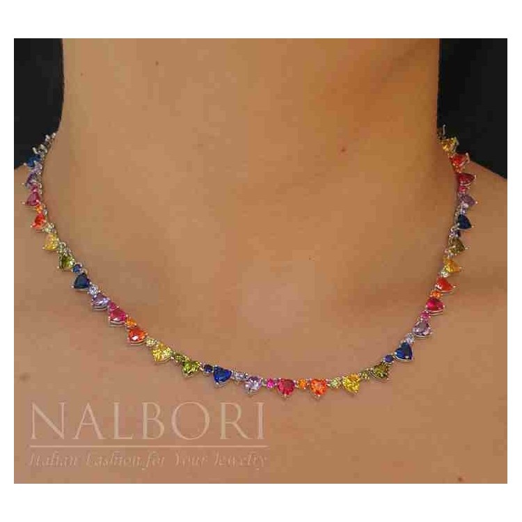 NALBORI 925 silver tennis colored hearts necklace and rainbow zircons