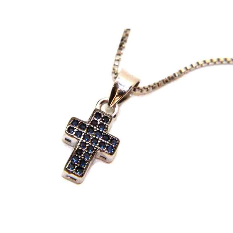 NLB|925 silver necklace with small cross blue rhodium ruthenium zircons