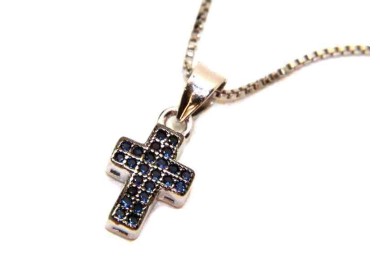NLB|925 silver necklace with small cross blue rhodium ruthenium zircons