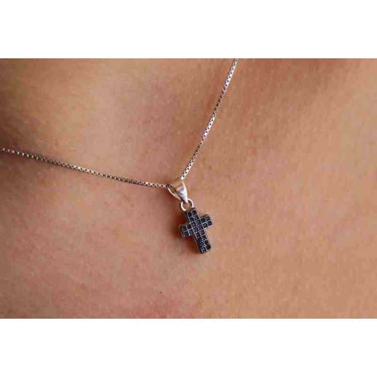 NLB|Collana argento 925 croce piccola zirconi sapphire rodiata nalbori zaffiri