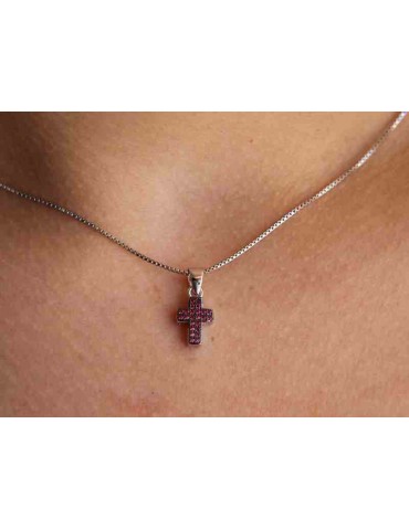 925 silver necklace with small cross with red rhodium ruthenium zircons nalbori