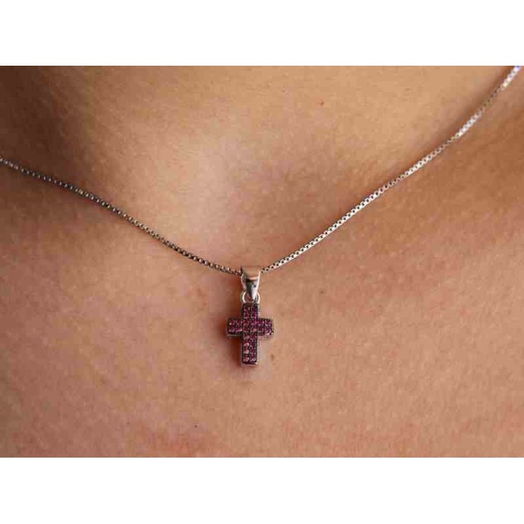 NALBORI Collana argento 925 croce piccola zirconi rubin rodiata