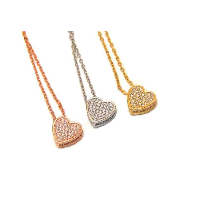 NALBORI Collana argento 925 cuore 3D a pavè di zirconi bagno oro giallo