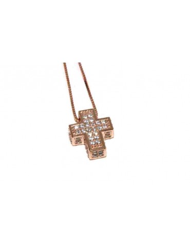 Collana croce 3D scatolata a pavè di zirconi con collana marca di gioielli NALBORI oro rosa