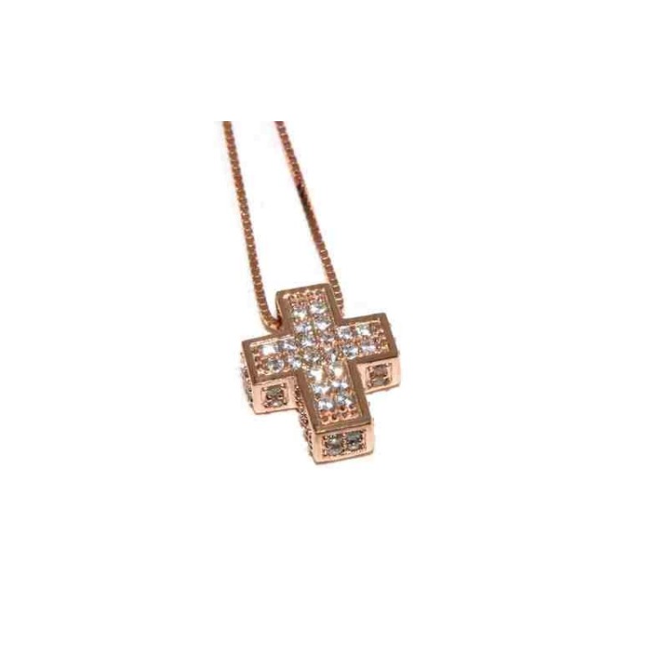 NLB|Collana croce 3D scatolata a pavè di zirconi con collana marca di gioielli NALBORI oro rosa
