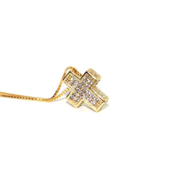 NLB|Collana croce 3D scatolata a pavè di zirconi con collana marca di gioielli NALBORI oro giallo