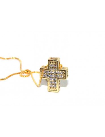 Collana croce 3D scatolata a pavè di zirconi con collana marca di gioielli NALBORI oro giallo