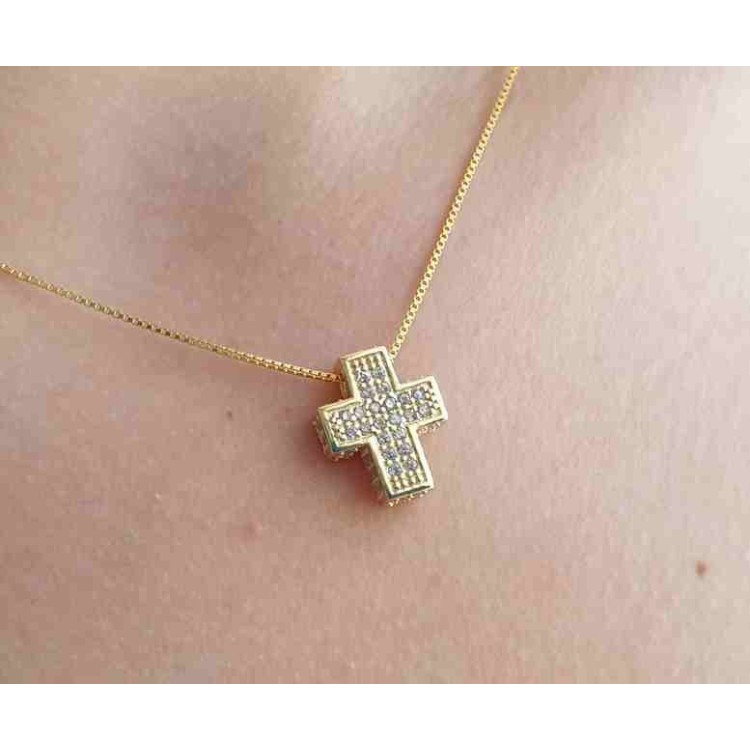 NLB|Collana croce argento 925 3D scatolata oro giallo pavè di zirconi con collana