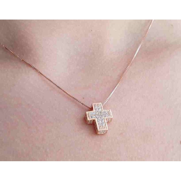 NLB|Collana croce argento 925 3D scatolata a pavè di zirconi bagno oro rosa collana