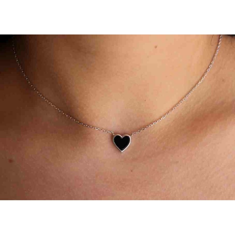 NLB|Silver 925: Necklace Collier woman heart black onyx stone 12x12