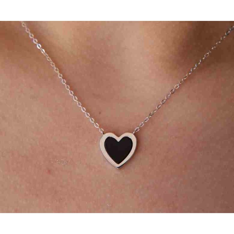 NLB|Silver 925: Necklace Collier woman heart black onyx stone 14 x 14