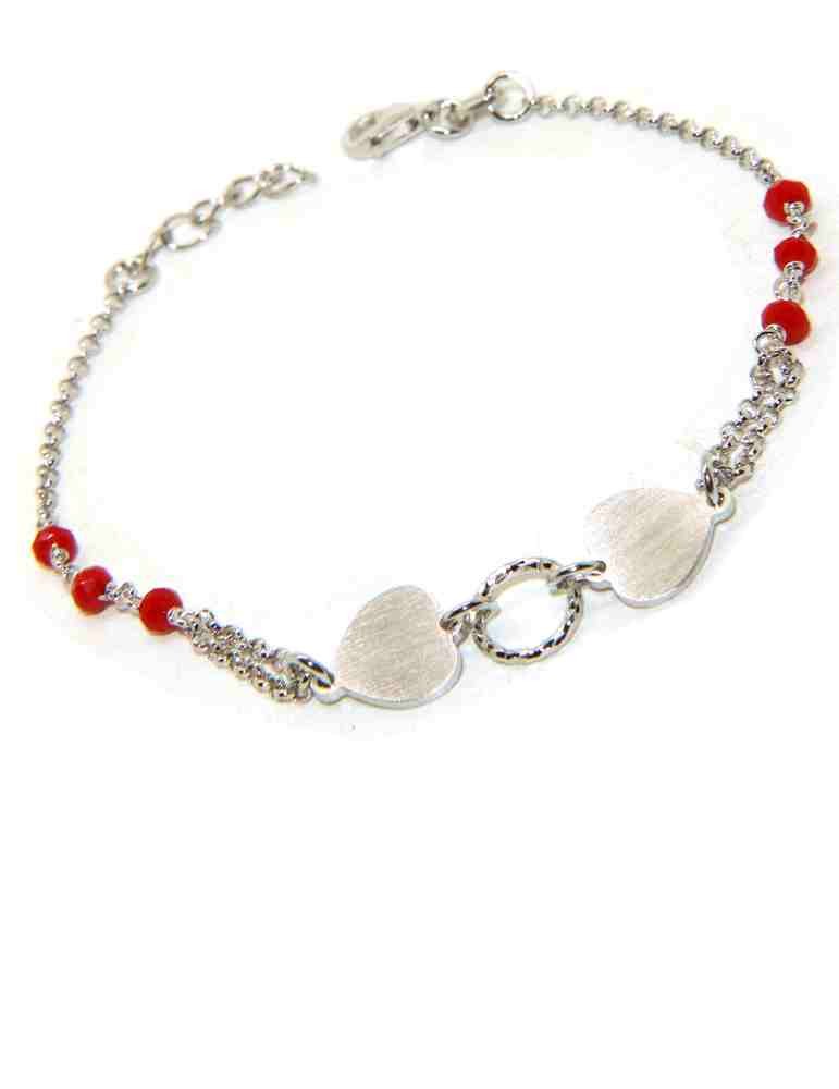 Bracciale cuore doppio satinato argento 925 cristallo rosso cerchio diamantato 18,00 - 20,50 cm
