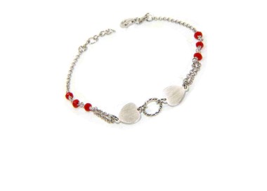 NLB|Bracelet man woman Silver 925 red crystal with double satin heart and diamond circle 18.00 - 20.50 cm