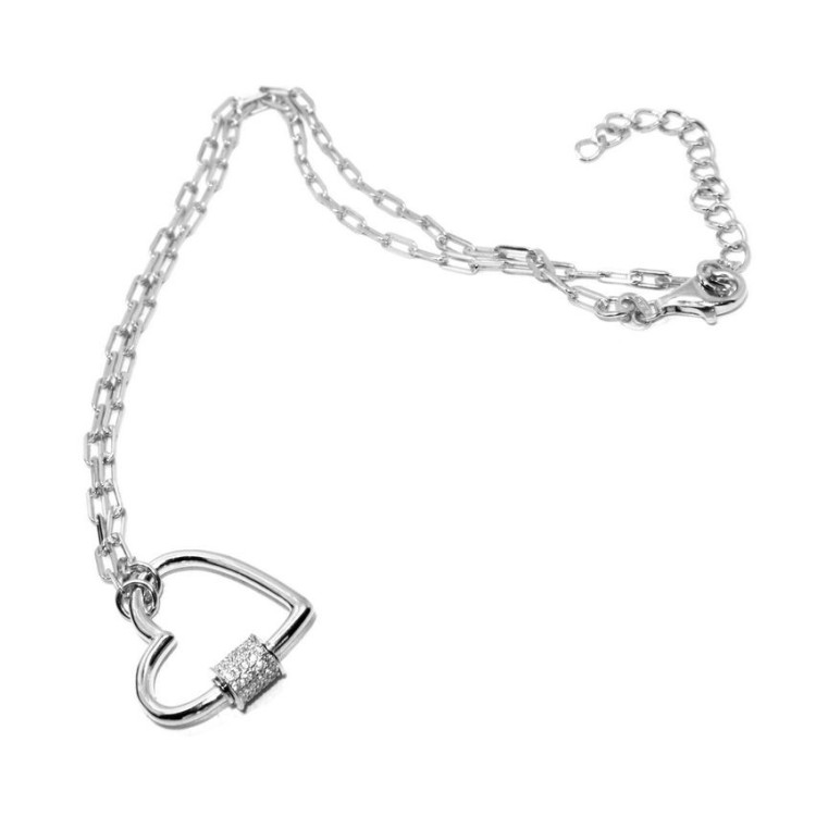 NLB|Collana graffette cuore zirconi argento 925 per donna rodio effetto oro bianco