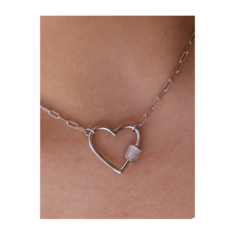 NLB|Collana graffette cuore zirconi argento 925 per donna rodio effetto oro bianco