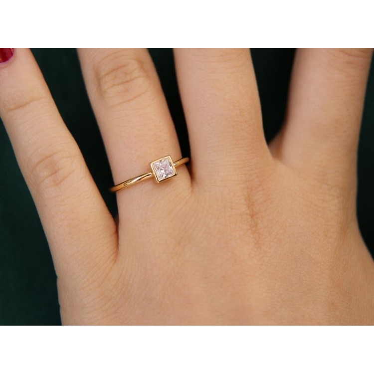 NALBORI solitaire 925 silver ring carre 'yellow gold plated square zircon woman