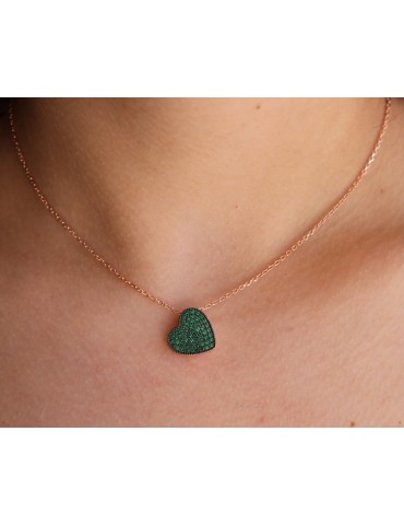 925 silver heart necklace with green zircons, rose gold plated NALBORI
