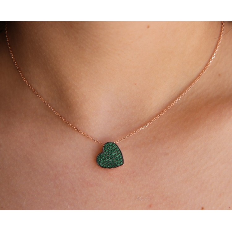 NLB|925 silver heart necklace with green zircons, rose gold plated NALBORI