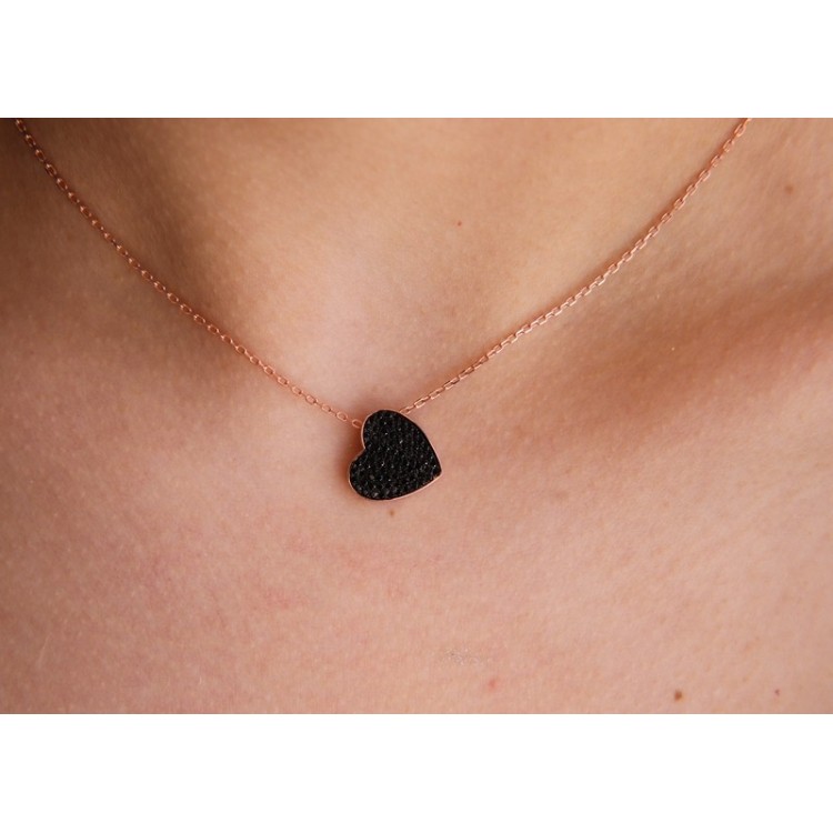 NLB|collana zirconi cuore nero argento 925 placcata oro rosa