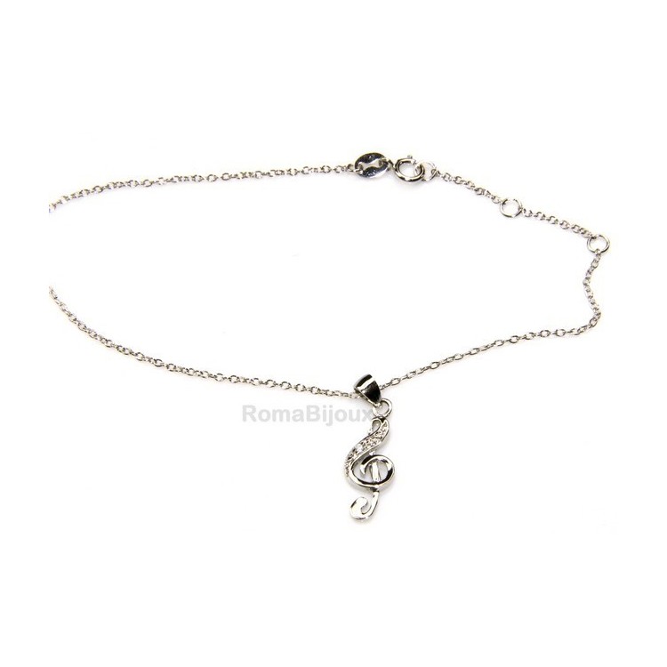 NLB|Argento 925 : Bracciale cavigliera uomo donna con pendente chiave di violino zirconi bianchi