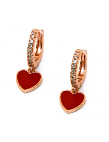 orecchini argento 925 bagno oro rosa cerchi zirconi cuore rosso donna