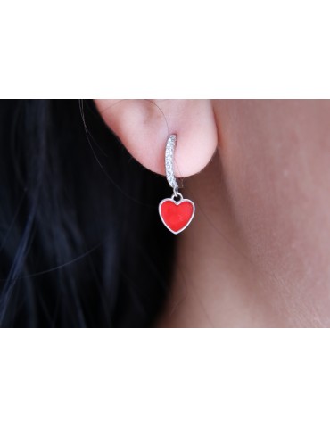 NALBORI earrings 925 silver circles zircons red heart rhodium plated woman