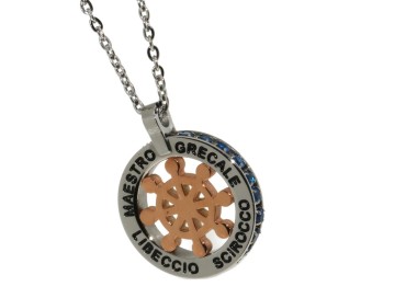 NLB|collana acciaio uomo ciondolo tondo timone rosa dei venti oro zirconi blu