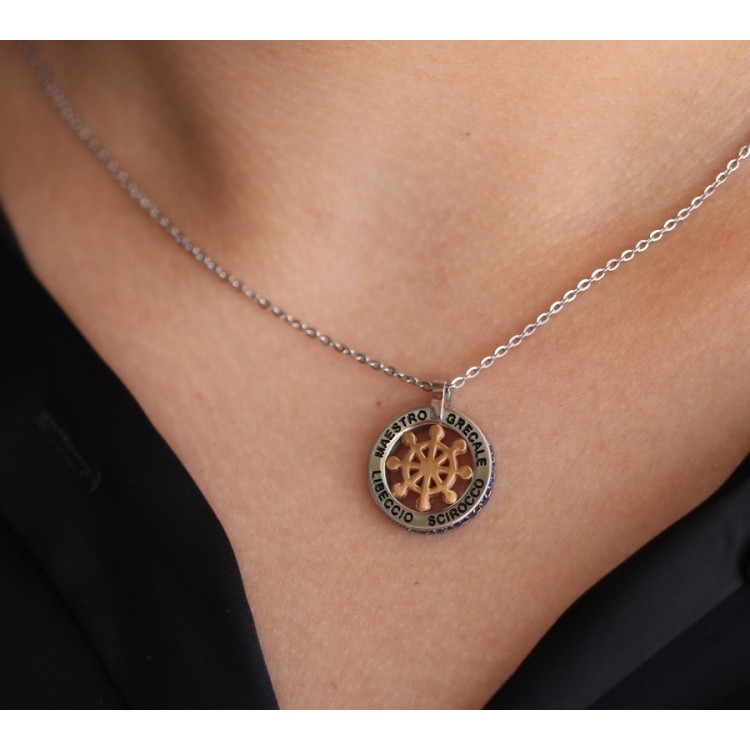 NLB|Steel: helm pendant chain with round and twenty zircon gold blue
