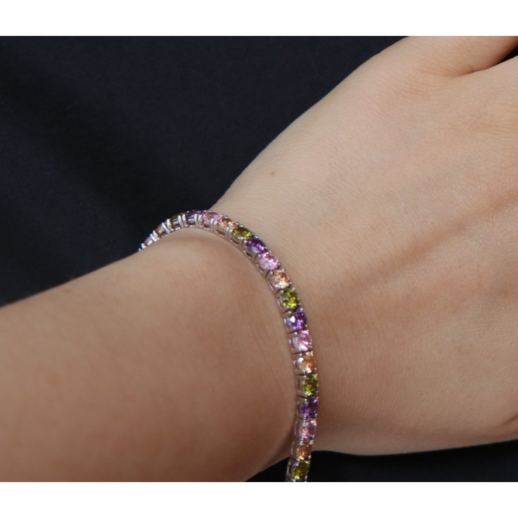 NLB|Woman's bracelet in 925 Sterling Silver Tennis model With yellow green purple rose 4 mm 17.5 cm cubic zirconia jaws