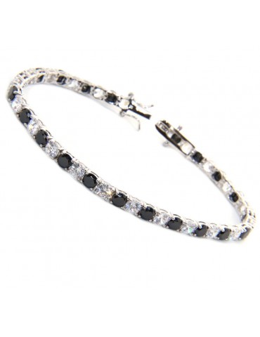 NALBORI|tennis bracelet 18 cm sterling silver, stones black and white