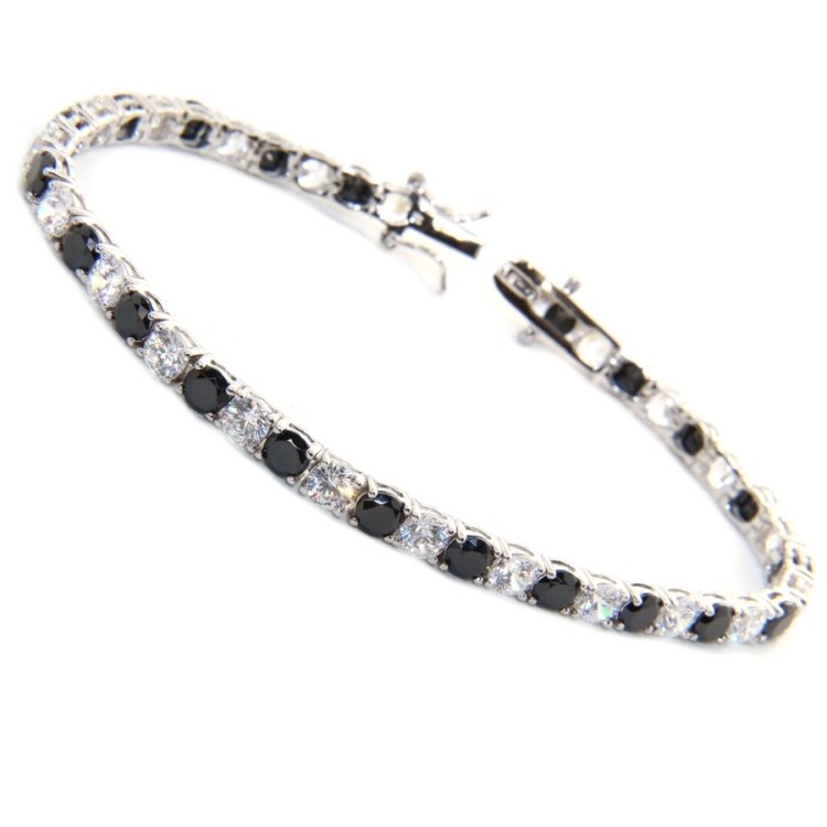 NALBORI|tennis bracelet 18 cm sterling silver, stones black and white