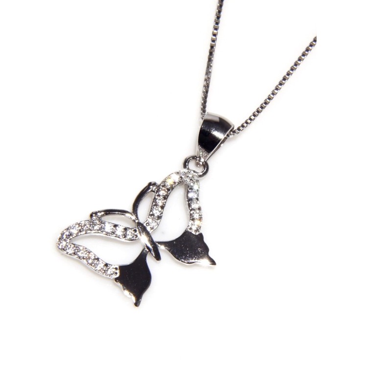 NLB|Collier 925 silver butterfly pendant white zircons necklace
