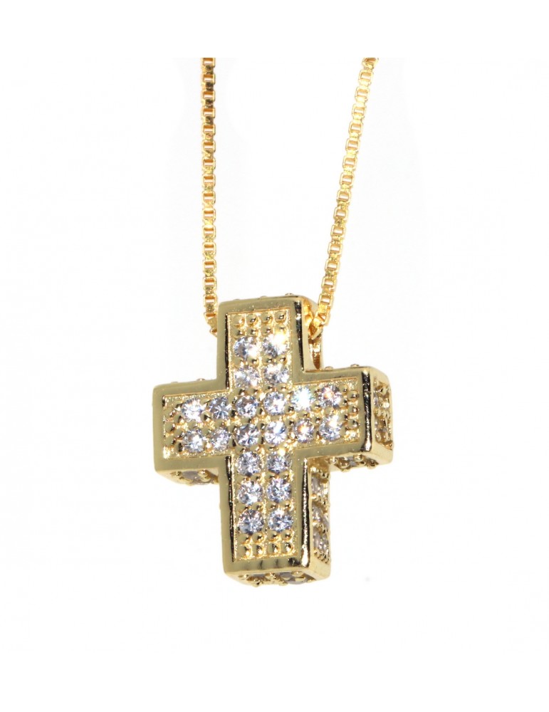 ciondolo croce argento 925 3D scatolata oro giallo pavè di zirconi con collana ciondolo croce argento 925 3D scatolata oro giallo pavè di zirconi con collana