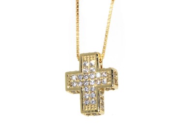NLB|925: Necklace Collier yellow gold rose Venetian 3D and cross studded with zirconia