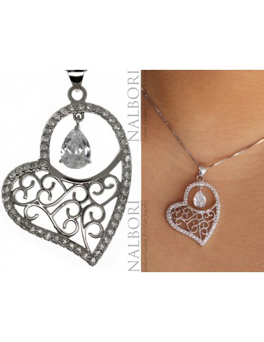 NALBORI collana cuore argento 925 arabesque Ciondolo zirconi goccia mobile catalogo indossata