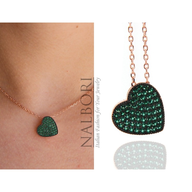 NLB|925 silver heart necklace with green zircons, rose gold plated NALBORI