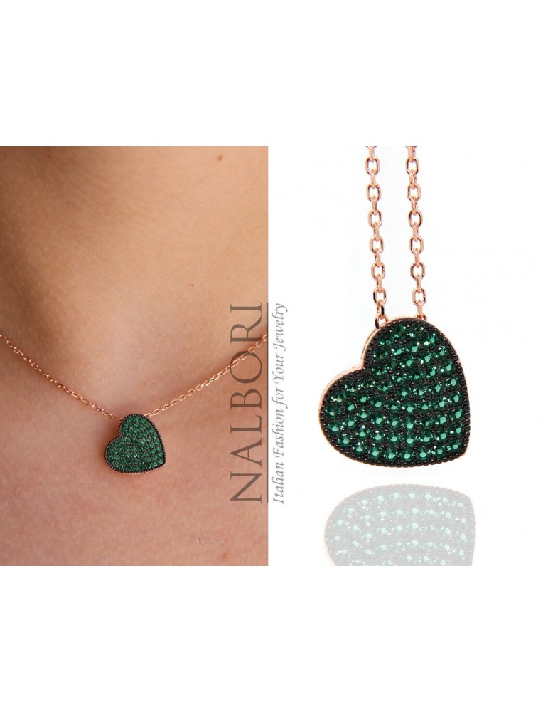 NALBORI collana zirconi cuore verde argento 925 placcata oro rosa catalogo indossata NALBORI collana zirconi cuore verde argento 925 placcata oro rosa catalogo indossata