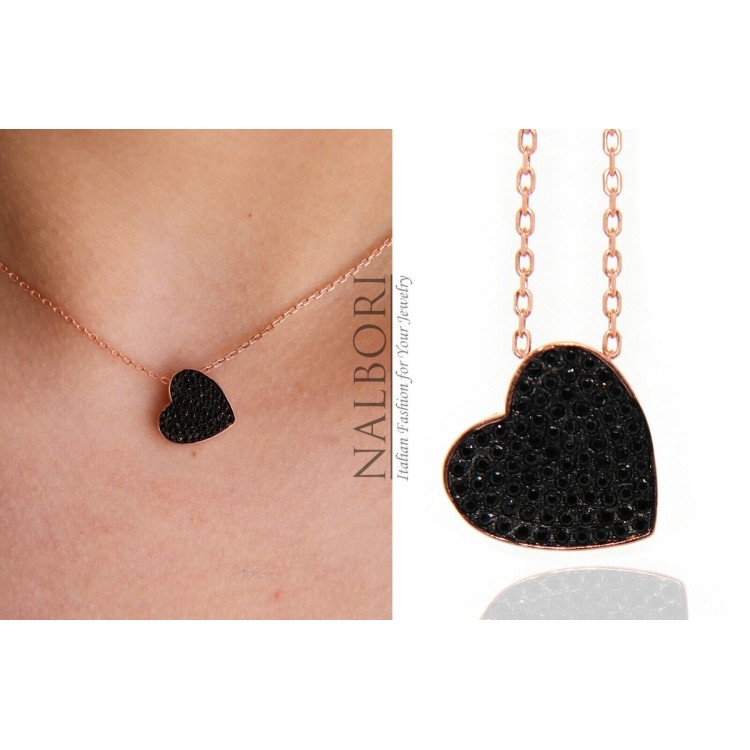 NALBORI collana oro rosa cuore pavè nero zirconi argento 925 catalogo indossata
