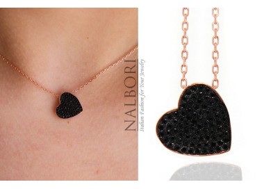 NALBORI collana oro rosa cuore pavè nero zirconi argento 925 catalogo indossata