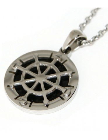 Steel necklace with round rudder pendant black background for men