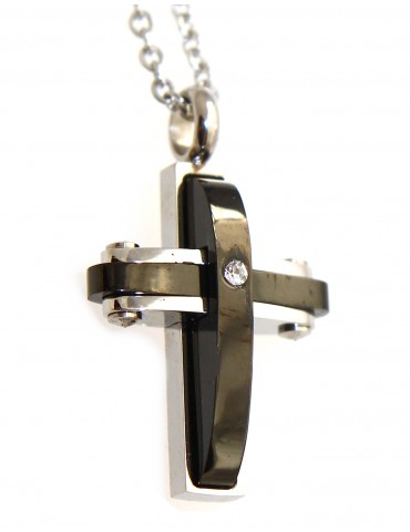 collana croce acciaio ciondolo nero con zircone per uomo