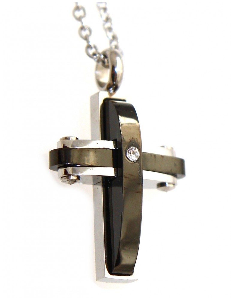 collana croce acciaio ciondolo nero con zircone per uomo collana croce acciaio ciondolo nero con zircone per uomo