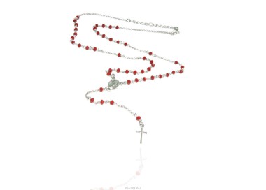 NLB|Collana Rosario argento 925 cristallo rosso croce e madonna 51+5 cm marca NALBORI