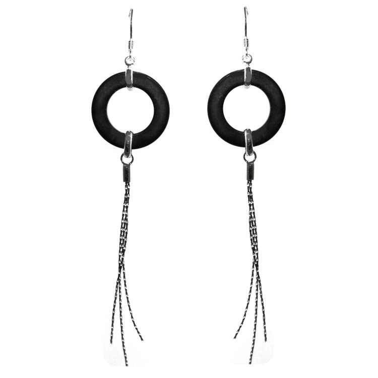 NLB|925 silver earrings circles of black agate long pendants