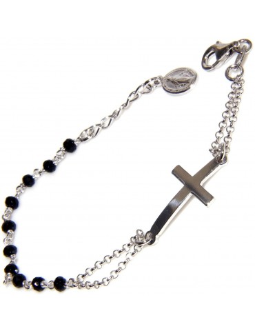 rosario Argento 925 bracciale madonna miracolosa, croce convessa e cristallo nero cm 15/17,50