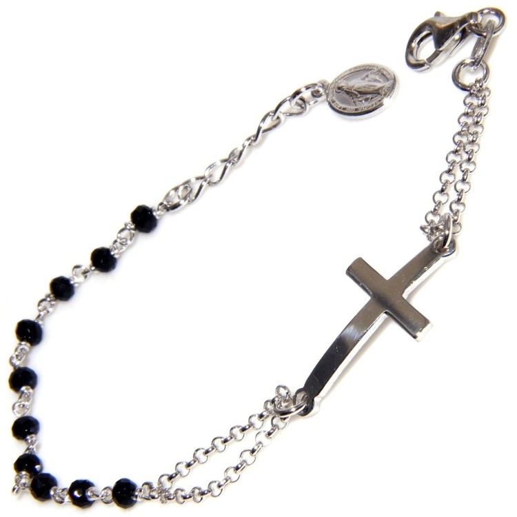 NLB|925 silver rosary miraculous madonna bracelet, convex cross and black crystal 15/17.50 cm